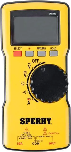 Sperry Instruments DM6800 Thin, Auto ranging 600V AC/DC, 10A, Yellow Digital Multimeter, No Size