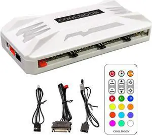Computer Fan Temperature ARGB Controller Integrator, Remote Control Computer ARGB Light Change Adapter, 8 PWM Fan Speed Controller Ports, 10 5V ARGB Ports with Magnet - White