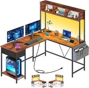 L Shaped Desk Gaming Desk with LED Strip & Power Outlet, Reversible L-Shaped Computer Desk with Storage Shelf & Drawer, Corner Desk with Storage Bag, 2 Person Home Office Desk, Brown