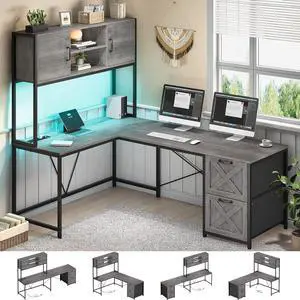 62.3" L Shaped Desk with Drawers, Reversible Corner Computer Desk with Power Outlet & Hutch, Office Desk with Storgae, Gaming Desk with Led Lights, Grey