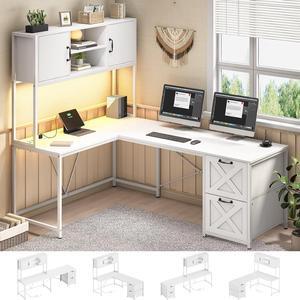 62.3" L Shaped Desk with Drawers, Reversible Corner Computer Desk with Power Outlet & Hutch, Office Desk with Storgae, Gaming Desk with Led Lights, White
