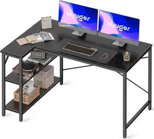 47" Small L Shaped Desk, 47 Inches Computer Desk with Reversible Storage Shelves, Gaming Desk, Corner Desk Home Office Desks, Writing Desk Study Desk with Metal Frame, Black