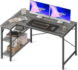47" Small L Shaped Desk, 47 Inches Computer Desk with Reversible Storage Shelves, Gaming Desk, Corner Desk Home Office Desks, Writing Desk Study Desk with Metal Frame, Grey