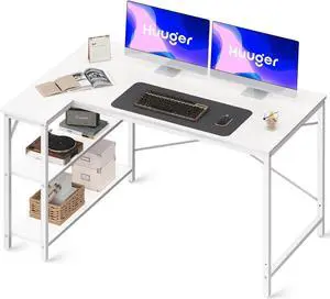 47" Small L Shaped Desk, 47 Inches Computer Desk with Reversible Storage Shelves, Gaming Desk, Corner Desk Home Office Desks, Writing Desk Study Desk with Metal Frame, White