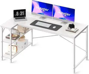 55" L Shaped Desk, 55 Inches Computer Desk with Reversible Storage Shelves, Gaming Desk, Corner Desk Home Office Desks, Writing Desk Study Desk with Metal Frame, White