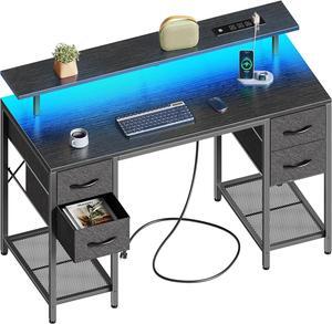 47" Small Computer Desk with 4 Drawers, Gaming Desk with LED Lights & Power Outlets, Home Office Desk with Large Storage Space for Bedroom, Work from Home, Black