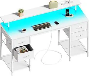 55" Computer Desk with 4 Drawers, Gaming Desk with LED Lights & Power Outlets, Home Office Desk with Large Storage Space for Bedroom, Work from Home, White