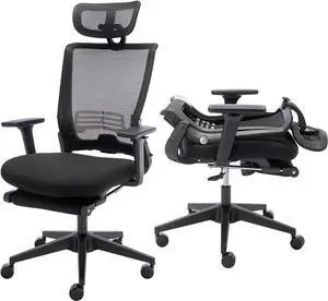 Foldable Ergonomic Office Chair with Footrest, High Back Computer Chair with 2D Headrest, Mesh Back, Sponge Seat, Adjustable Lumbar Support, 2D Armrest, Home Office Desk Chair, Black