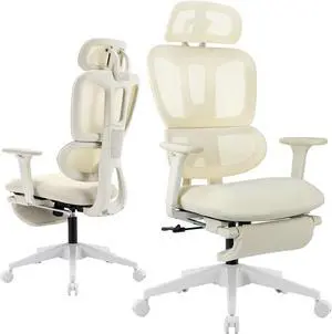 Ergonomic Office Chair with Footrest, High Back Computer Office Chair with Dynamic Lumbar Support, 2D Headrest, 4D Armrest, Sponge Seat, Mesh Home Office Desk Chair for Adults & Teen, Black Cream