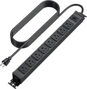 Metal 360° Rotating Mountable Power Strip, 8 Outlet Gaming Table Mounted Outlet Strip, Heavy Duty Wall Mount Surge Protector with Switch, 15A 125V 1875W, 6ft Power Cord.(Black)