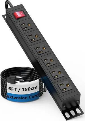 6 Outlet Power Strip, Metal Mountable Power Strip Surge Protector, Heavy Duty Wall Mount Power Outlet for Commercial, Industrial, Workshop, 6FT Power Cord, 15A/125V 1875W (Black 6FT)