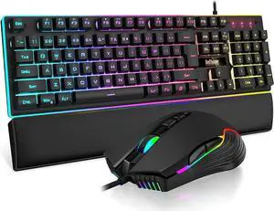 Wired Gaming Keyboard and Mouse and Wrist Rest Combo, RGB Backlit, Mechanical Feel Anti-ghosting Keyboard + 7D 7200 DPI Mice+Soft Leather Wrist Rest 3 in 1 PC Gamer Accessories(Black)