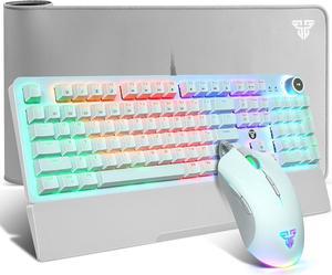 RGB Gaming Keyboard and Mouse and Large Mouse Pad Combo, Wired 104 Keys Mechanical Keyboard Blue Switch with Wrist Rest & 10K DPI Gaming Mouse & Gaming Mousepad(31.5×12IN) for PC, White