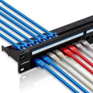 24 Port RJ45 Patch Panel Cat6 Feed Through, Coupler Network Patch Panel 19 Inch, Inline Keystone Ethernet Patch Panel with Back Bar