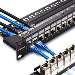 24 Port RJ45 Patch Panel Cat6 STP Feed Through, Coupler Network Patch Panel 19 Inch, Inline Keystone Ethernet Patch Panel with Back Bar