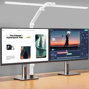 Desk Lamp,Double Head Desk Lamp with Clamp,24W Led Desk Lights for Home Office Ultra Bright Architect Table Lamp 4 Brightness 4 Color,Auto Dimming Task Lamp for Monitor Work Study - White