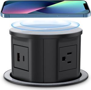 Pop Up Outlet for Countertop with 20W USB-C,4.7inch Pop Up Power Outlet,15W Wireless Charger,4 Outlets,1 USB-C,1 USB-A,Pop Up Electrical Outlet for Kitchen Conference Garage Workbench(Black)