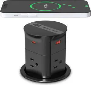 Automatic Pop Up Countertop Outlet with 15W Wireless Charger,4 AC, 2 USB A and 2 USB C,Max 20W Power Delivery 3.15inch Desk Power Grommet,9-in-1 Power Strip for Home/Office Black