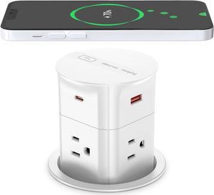 Automatic Pop Up Countertop Outlet with 15W Wireless Charger,4 AC, 2 USB A and 2 USB C,Max 20W Power Delivery 3.15inch Desk Power Grommet,9-in-1 Power Strip for Home/Office White