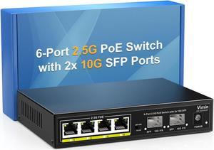 6-Port 2.5G PoE Switch Unmanaged, 4X 2.5GBase-T PoE Ports, 2X 10Gbps SFP, 4 Port PoE Switch w/ 60Gbps Ethernet Switching Capacity, Support IEEE802.3af/at, 65W, VLAN, Metal Housing, Fanless