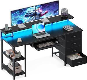 63" Gaming Desk with Power Outlet and LED Light, Computer Desk with Fabric Drawer and Keyboard Tray, Office Table with Adjustable PC Shelf and Monitor Stand, Desk for Bedroom with USB, Black