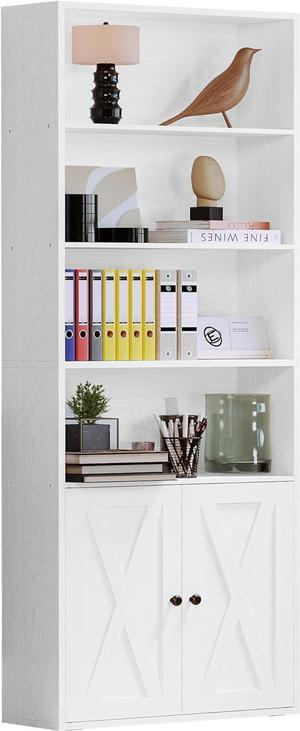 Industrial Bookshelves and Bookcases with Doors Floor Standing 6 Shelf Display Storage Shelves 70 in Tall Bookcase Home Decor Furniture for Home Office, Living Room White