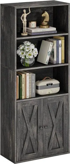 Industrial Bookshelves and Bookcases with Doors 11.8in Depth Floor Standing 5 Shelf Display Storage Shelves Bookcase Home Decor Furniture for Home, Office Gray