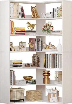 Bookshelves 6 Tiers with Baffles Industrial Large Corner Etagere Bookcase Storage Display Rack for Living Room Home Office White