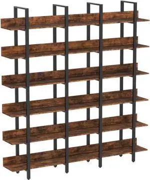 Bookcase and Bookshelves Triple Wide 6-Tiers Large Open Shelves, Etagere Bookcases with Back Fence for Home Office Decor, Easy Assembly, Vintage Brown