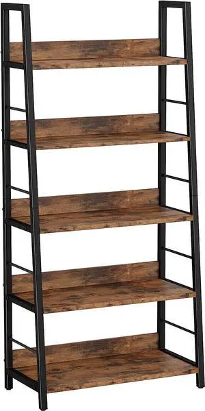 Industrial Bookshelves and Bookcases, Ladder Shelf 5 Tier with Metal Frame for Living Room, Home Office, Charcoal Brown