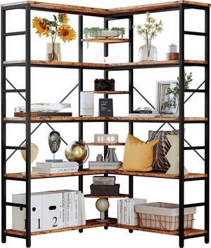 Industrial Bookcases and Bookshelves, 5-Tiers Corner Bookcase with Curved Panels, L Shaped Shelf with Metal Frame for Open Storage for Living Room Home Office