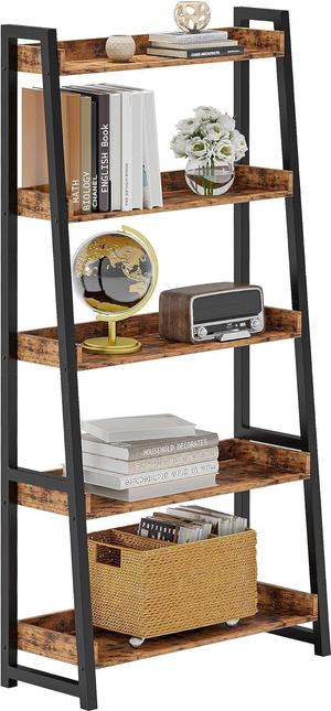 Industrial Bookshelf 5-Tier 31.5in Wide, Bookcase Ladder Shelf, Storage Shelves Rack Shelf Unit, Accent Furniture Metal Frame, Home Office Furniture for Bathroom, Living Room Brown