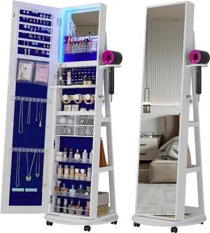360° Swivel Jewelry Armoire with Mirror, LED Mirror Jewelry Cabinet Standing, Full Length Mirror with Jewelry Storage, Standing Jewelry Organizer/Lockable Wheels/Foldable Makeup Shelf