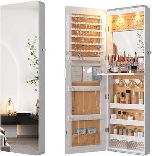 LED Mirror Jewelry Cabinet,47.2" Wall Mounted Jewelry Organizer with Full-Length Mirror,Over The Door Hanging Jewelry Armoire Storage Cabinet,Folding Dresser,2 Drawers,Lockable, 3 Shelves(White)