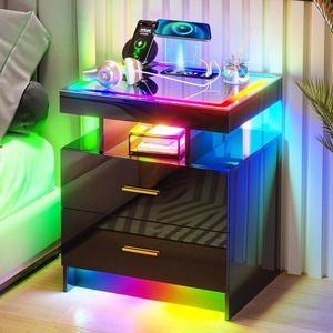 Auto LED Nightstand with Wireless Charging Station, High Gloss Smart Night Stand with Drawer and RGB Dynamic Lighting, Modern Bedside Tables for Bedroom, End Table