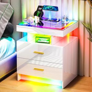 Auto LED Nightstand with Wireless Charging Station, High Gloss Smart Night Stand with Drawer and RGB Dynamic Lighting, Modern Bedside Tables for Bedroom, End Table White