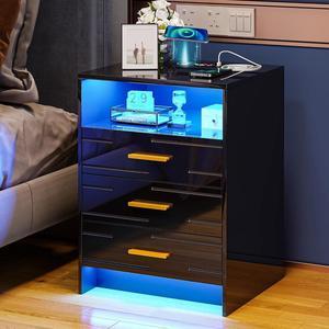 Black Nightstand with Wireless Charging Station and Lights, 3 Drawers, Modern Bedside Table with Human Sensor for Bedroom