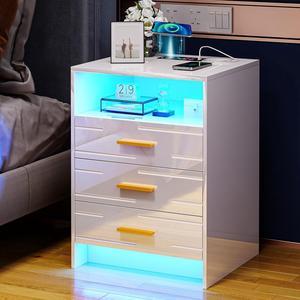 Nightstand with Wireless Charging Station and Lights, 3 Drawers, Modern Bedside Table with Human Sensor for Bedroom White