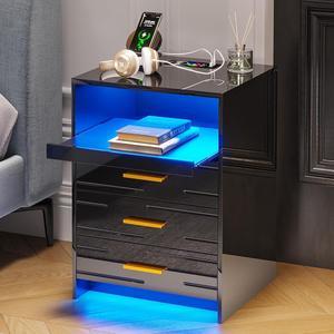 LED Nightstand with Charging Station, Smart Night Stand with 3 Drawers and Sliding Tray, Modern High Gloss Bedside Table for Bedroom