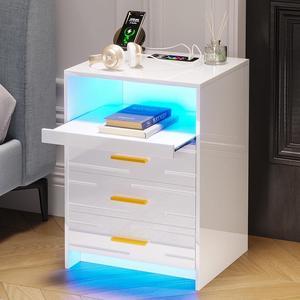 LED Nightstand with Charging Station, Smart Night Stand with 3 Drawers and Sliding Tray, Modern High Gloss Bedside Table for Bedroom White