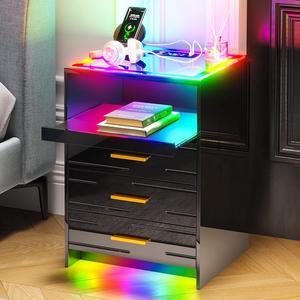 Smart RGB Nightstand with Charging Station, LED Night Stand with Human Sensor, Modern Bedside Table with Glass Tabletop