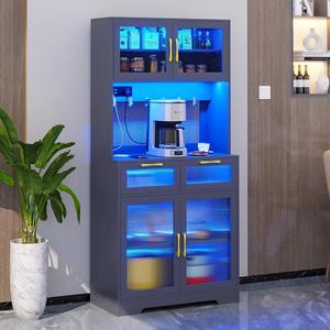 67" Modern LED Sideboard Buffet Cabinet with Power Outlet, Kitchen Pantry Cabinet with Sensor Light & USB Ports,Buffet Cabinet with Storage, Coffee Bar Cabinet for Living,Dining Room Grey