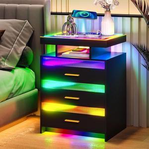 RGB LED Nightstand with Wireless Charging Station, Modern Bedside Table with 3 Drawer and Glass Desktop, Smart Night Stand with Sensor Light,Bed Side Table for Bedroom Furniture