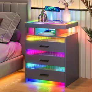 RGB LED Nightstand with Wireless Charging Station, Modern Bedside Table with 3 Drawer and Glass Desktop, Smart Night Stand with Sensor Light,Bed Side Table for Bedroom Furniture Gray