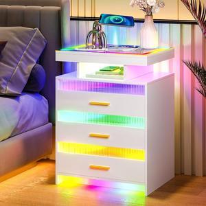 RGB LED Nightstand with Wireless Charging Station, Modern Bedside Table with 3 Drawer and Glass Desktop, Smart Night Stand with Sensor Light,Bed Side Table for Bedroom Furniture White