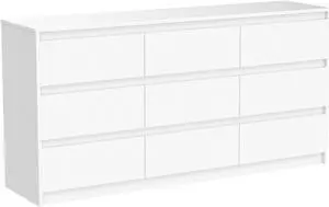 9 Drawers Double Dresser, Modern Wood Dresser Chest of Drawers with Large Storage Space for Bedroom,  (63L x 15.7W x 31.5H) White