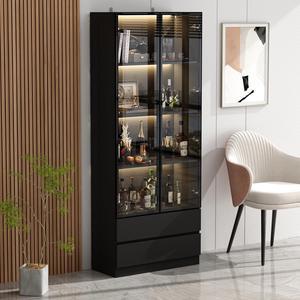Bookcase Bookshelf with 4-Tier Shelves, Glass Doors, Drawers and LED Lights, Wooden Display Storage Cabinet for Home Office, Living Room, Black (31.5W x 14.2D x 78.7H)