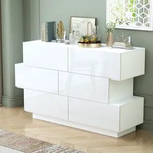 Modern Dresser Storage Chest with 6 Drawers & Stylish Shape, Wood Double Dresser Chest with Glossy Surface for Bedroom, Living Room & Hallway White