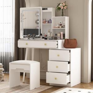 Vanity Desk Set Makeup Table with Sliding Lighted Mirror, Drawer Organizer & Glass Top, Modern Dressing Table with Drawers, Storage Shelves & Stool for Bedroom, White