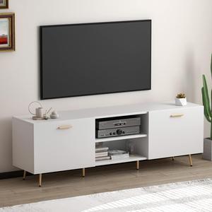Modern TV Stand for TVs up to 75 Inch, Entertainment Center TV Console Table with 2 Doors, 2 Open Shelves & Gold Metal Legs for Living Room, Bedroom, White (69L x 15.6W x 22.4H)